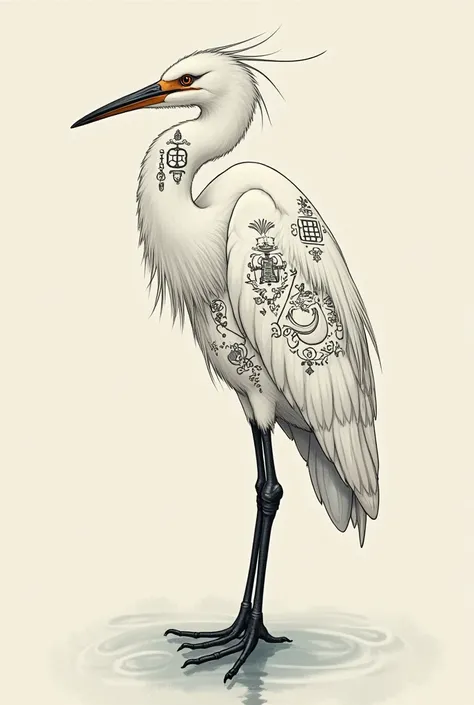 Illustrative Japanese white heron with tattoos standing on one leg