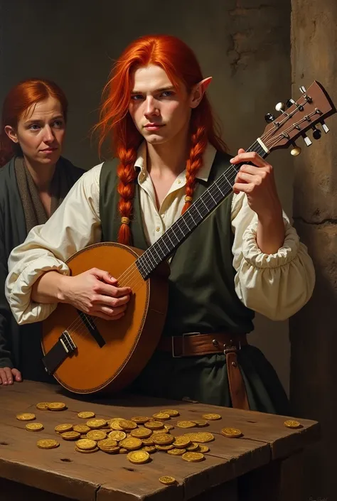 Oil painting style image on canvas of a 28-year-old half-elven male bard, With red hair and long braided,  playing lute to everyone in a medieval tavern, he is on top of a wooden table. Cheerful people throw coins at your feet 