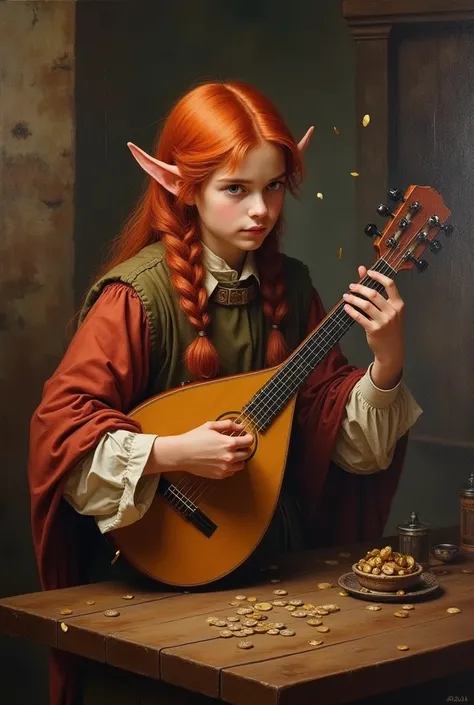 Oil painting style image on canvas of a half-elf bard teenager, With red hair and long braided,  playing lute to everyone in a medieval tavern, he is on top of a wooden table. Cheerful people throw coins at your feet 