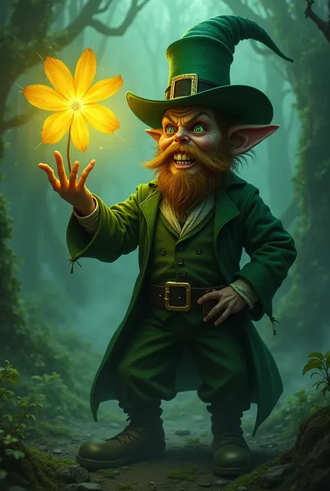 Evil leprechaun with a magical yellow flower