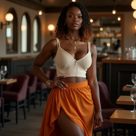 A curvaceous Black woman at a trendy wine bar, wearing a fitted knit crop top in cream with a sweetheart neckline, paired with a flowing asymmetrical mini skirt in burnt orange chiffon. She accessorizes with ankle-strap heels and layered gold necklaces. He...