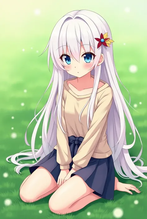 anime girl with long white hair and blue eyes sitting in the grass, an anime drawing inspired by Puru, trending on pixiv, rococo, anime visual of a cute girl, young anime girl, cute anime girl, beautiful anime portrait, cute anime girl portrait, blonde ani...