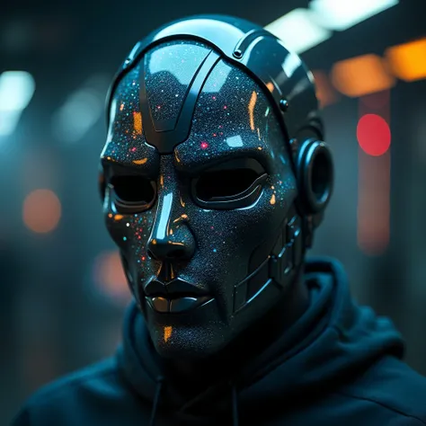 A metallic mask covered with small moving holograms