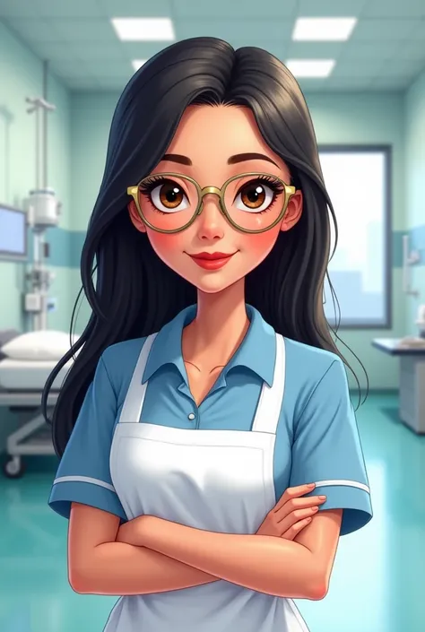 A beautiful brunette,  in cartoon or realistic style ,  with long, straight black hair that falls gently on your shoulders.  Her eyes are large and expressive ,  in dark brown color , with a gentle glow.  She wears delicate and modern glasses ,  with discr...