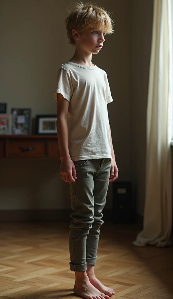 Barefoot boy, 14, anorexic,  blond, buttoned nose , freckles, thin, small narrow feet,  full length style, ankle length pants, back view,  shirt ,  ultra-realistic , in the room, European,  photorealistic, detailed thin face, as in the photo