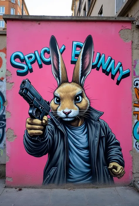 Pastel pink graffiti with the name SPICY BUNNY urban with a rabbit with a gun