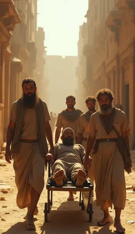 Scenes of four friends carrying a paralyzed man on a makeshift stretcher through the streets of an ancient city. The friends' expressions reflect effort and faith, while the paralyzed man looks forward with hope. Sunlight shines down on them, creating an a...