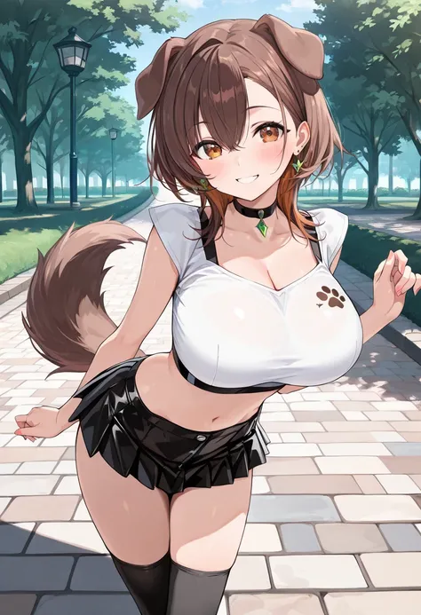 ( best quality , 8k , masterpiece , incredibly absurdres , beautiful woman , perfect body , super detailed skin , highly detailed eyes and face , 1 person ) , Inugami King , original hair color ,  brown hair  ,  dog ear , smile ,  will be happy , (  crop t...