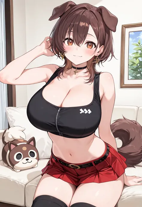 ( best quality , 8k , masterpiece , incredibly absurdres , beautiful woman , perfect body , super detailed skin , highly detailed eyes and face , 1 person ) , Inugami King , original hair color ,  brown hair  ,  dog ear , smile ,  will be happy , (  crop t...