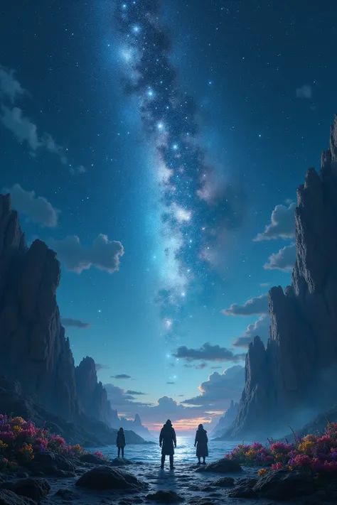 The sky with the stars of the Milky Way shining large and clear, surrounded by a landscape of silence, people standing still, science fantasy, psychedelic landscape.