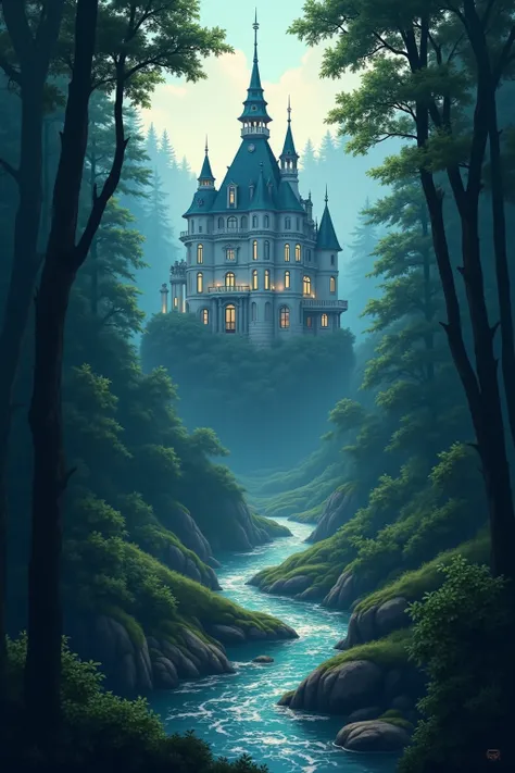 Blue Chateau sleeping peacefully surrounded by forests and springs, silence and timeless old times, the best image quality.