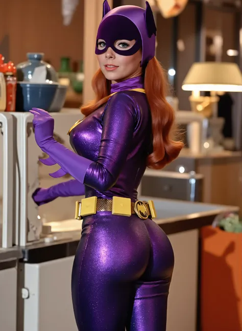  sexy Hungarian model, Masterpiece, Award Winning, High Quality, artgerm, solo, bubble butt, wearing retro Batgirl purple costume , , big breast, retro red hair, looking at viewer, makeup, no cape, b4tg1rl woman, posing sexy, back angle, showing her ass, f...