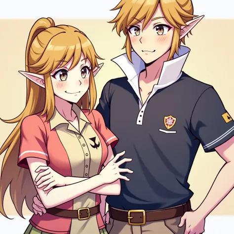 Anime Princess Zelda wearing a polo with her being douche with her Boyfriend Emperor Link wearing a Massive popped collar polo with a collar so high it's taller than his head