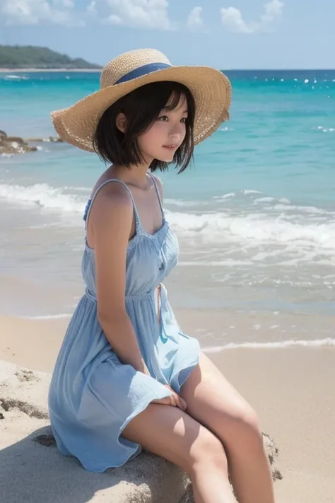  summer afternoon due to power outage、 A 17-year-old girl in a summer dress is sitting on the sand at the edge of the waves and watching the ocean in the distance。Short hair and clothes swaying in the wind 。A beach with white sand like Okinawa 