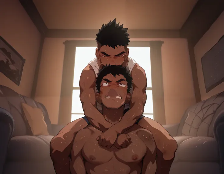 showing his face, hairy skin, dark skin, shibeyuuji ,shibayuuji stil, anime style, sweat, boy multiple boy、こっちをみている顔, zoom out, kiss with daddy, house, sofa, extremely handsome face, 2 man are sitting on the sofa