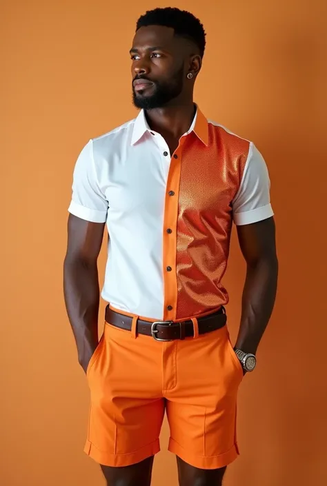 Men's short sleeve dress shirt with right side with orange sequins and the left side of satin, This man must be wearing orange shorts, The walk must be outside the shorts and cannot be tight, camisa solta