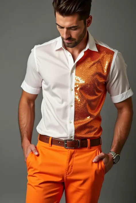 Men's short sleeve dress shirt with right side with orange sequins and the left side of satin, This man must be wearing orange shorts, The walk must be outside the shorts and cannot be tight, camisa solta