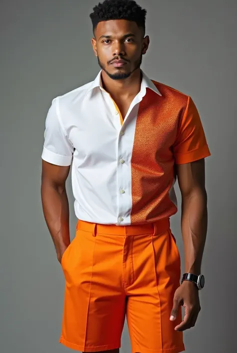 Men's short sleeve dress shirt with right side with orange sequins and the left side of satin, This man must be wearing orange shorts, The walk must be outside the shorts and cannot be tight desensacada