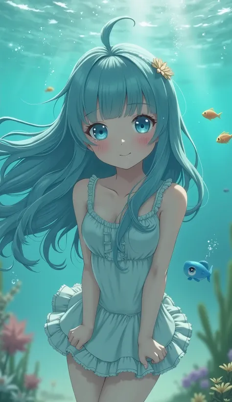  in a fantastic world under the sea 、 {x} A lovely girl with a transparent light blue and vivid turquoise sea in the background so you can feel the lovely atmosphere。 seems to be playing with sea creatures 、 with a gentle smile 、 the girl with long hair sl...