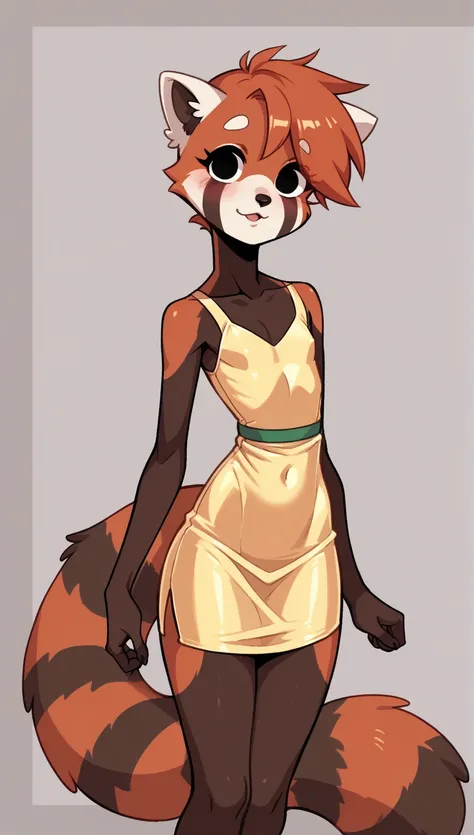   of the best quality ,   very detailed illustration , ( Anthropomorphic fluffy red panda boy:1,7), red fur,  black eyes  ,  disheveled curvy hair ,  seductive look,  slim, ideal body,  thin waist,   wide hips, complex drawing , Artifyber style, Cute,  car...