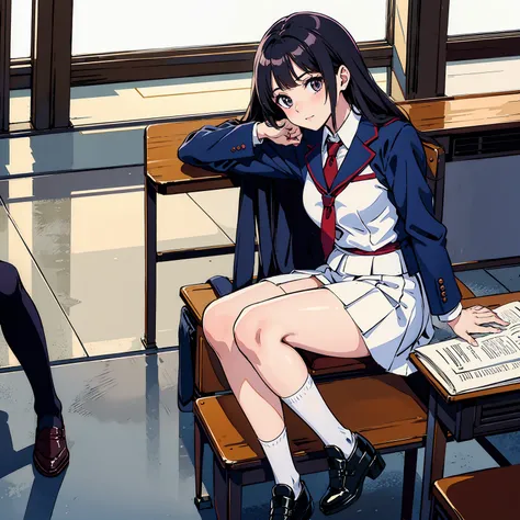  Japanese School ,  Spacious room  ,  desk work ,  chair , Beautiful high school girl ,  High School Boy 、Blazer, Necktie, High socks,  school girl in heeled shoes , เด็กนักเรียนหญิงนั่งบน chair , man sitting upright on the floor 、 Folded legs,  look down,...