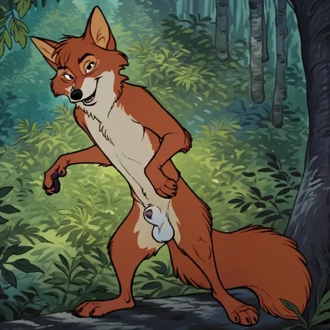 score_9, score_8_up, score_7_up, score_6_up, score_5_up, score_4_up, source_furry, RobinhoodRH, semi-anthro, male, fox, orange fur, naked, nude, sheath and balls, standing, in a forest, black eyes, 