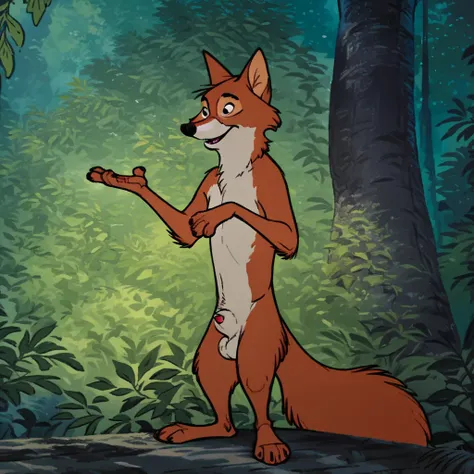 score_9, score_8_up, score_7_up, score_6_up, score_5_up, score_4_up, source_furry, RobinhoodRH, semi-anthro, male, fox, orange fur, naked, nude, sheath and balls, standing, in a forest, black eyes, 