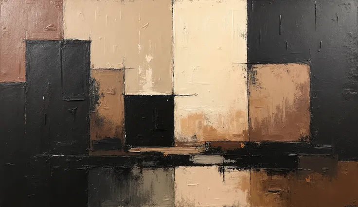 "Between black, brown and beige". oil textured painting. spatule painting, cubism. Only shapes.