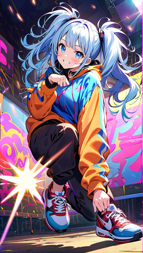  light blue long hair、 beautiful twin-tail girl、 smile、 Execute Dynamic Breakdance Poses, ( urban street style ), Energetic movement, ( roomy clothes , Streetwear), ( COLORFUL SNEAKERS ), (Graffiti Background), Vivid Stage Lighting ,  intense expression,  ...