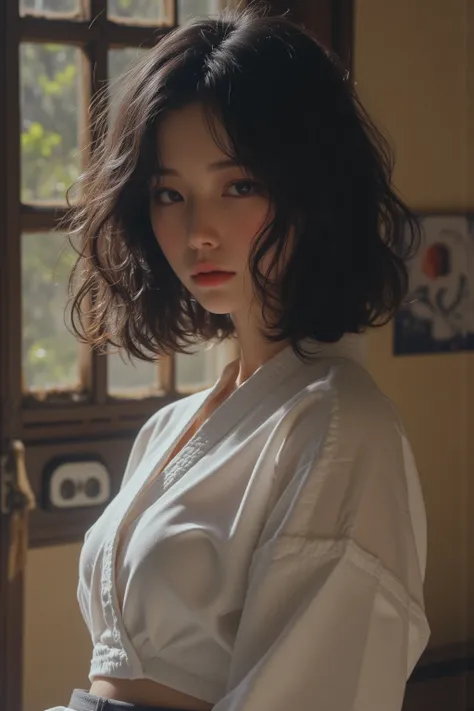  side view 、(( big boobs))、(((Front slit shirt))、(((Empty handed)))、( black hair)、(Bang)、( short hair)、(Wet hair)、(Female karateka )、((Sweating))、( glowing skin on one hand)、((smile))、(( Blushing ))、(((Karate dojo)))、((  Delicate painting ))，( masterpiece ...