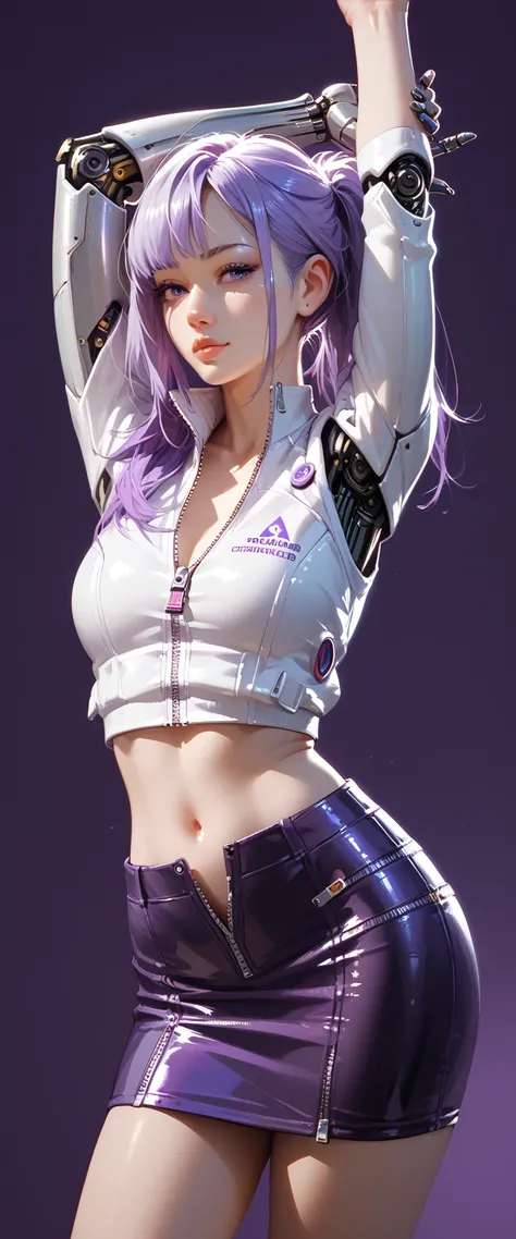 Thin, purple-haired female, cybernetic body parts, tight unzipped mini skirt, blank dark purple background, detailed, stretching, close,