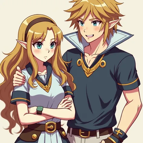 Anime Princess Zelda wearing a polo with her being douche with her Boyfriend Emperor Link wearing a Massive popped collar polo with a collar so high it's taller than his head