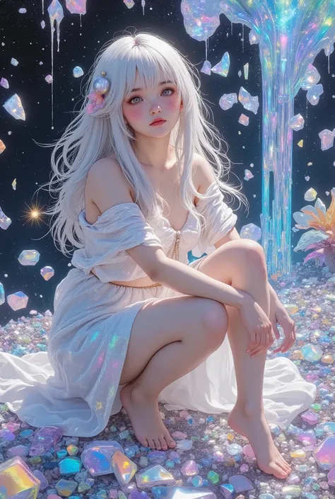 masterpiece, ultra-detailed, photorealistic, surreal composition, a fragile and otherworldly girl kneeling in a sea of shattered crystalline shards, her delicate crystalline skin shimmering with light that refracts and scatters in vivid prismatic hues, cre...