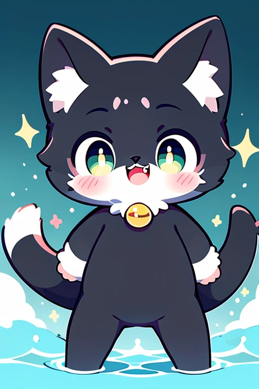 cel shading, cute style, fullbody, cat with dark green almost black fur, snake-like fangs, amber eyes, aquatic fish ears, cel shading, high resolution, masterpiece,cute, dinamic