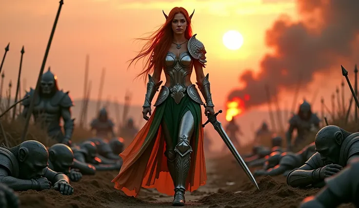 /imagine prompt:A vivid, ultra-realistic (8K) fantasy depiction of a strikingly beautiful elven warrior woman walking confidently across a battlefield. Her long, flowing hair (color of choice), illuminated softly by blood-red light from the setting sun, ca...