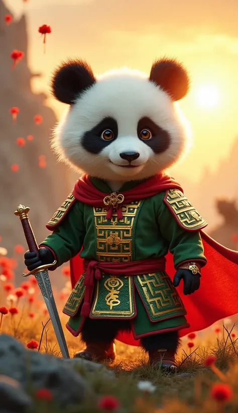  Mini Panda like Mulan
The mini panda transforms into a fearless warrior like Mulan ,  wearing traditional armor green and gold ,  with red details that symbolize courage and determination .  Her expression is focused ,  sweeter ,  and he holds a small swo...