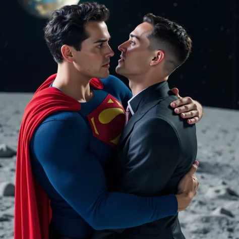 Bald Lex And Noah Beck kiss each other.Noah Beck Close-up of face looking at the camera.A hyper-realistic scene of white-man Noah Beck , black haircut,leaping impossibly high into the air, wearing tight blue Superman suit, a red cape, and red superhero boo...