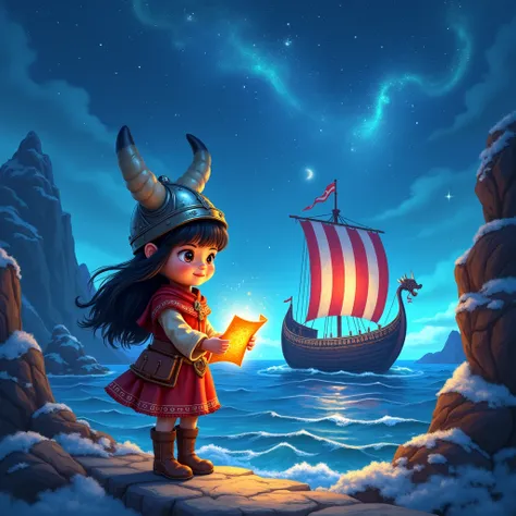 With the same character as the other images created, With the same little doll, create a vibrant and magical book image set under a deep blue night sky filled with bright stars.  at the city centre, a young girl named Nina ,  about 8 to  ,  with black hair...