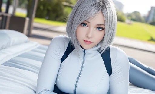 blue eyes, stunning proportions, smile, photorealistic, girl, 20s, bodysuit, silver hair, large breasts, white zero suit, bodyfit, full covered,4-legged position, lying face down, on a bed, In a public park 