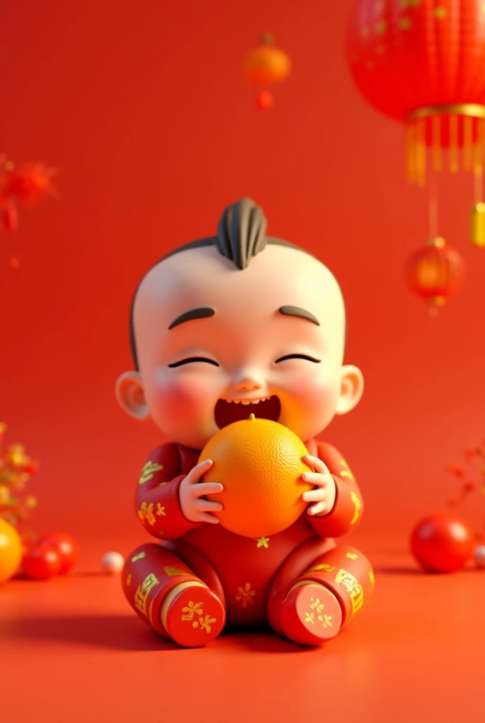 Chinese New Year, 3D cute chubby chinese baby, eating orange