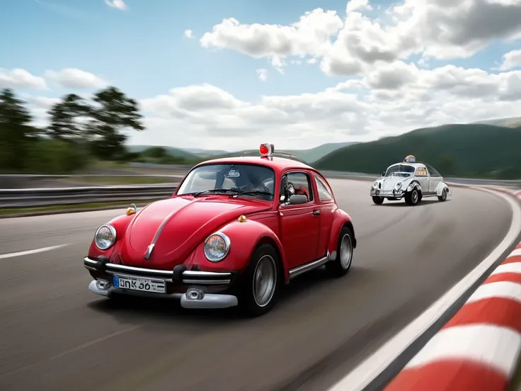 Create a high quality photorealistic image of a 2 vehicle mashup hybrid being put through it's paces on a fast corner by a professional driver at Nuremberg Ring.
1995 Porsche 911 turbo with a 1965 Volkswagen Beetle