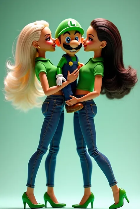 8K HD high quality image. Full Body Photo. Standing in their full height from head to toe. 2 Latina Barbies kissing the cheeks of Luigi from Super Mario. 2 Latina Barbies are wearing tight green skinny polo, tight skinny blue jeans, and green high heels. M...