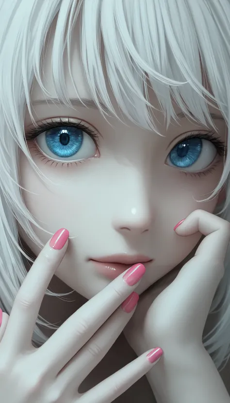 Line art, black and white,deep, blue eyes,pink nails,