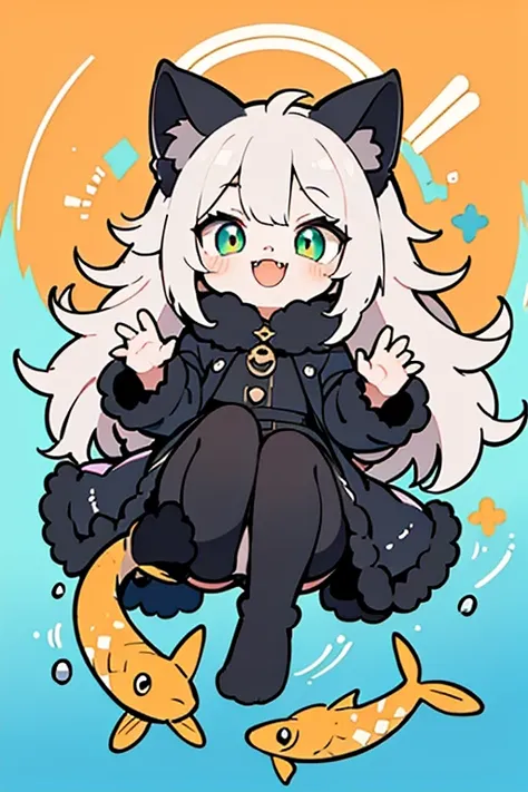 cel shading, cute style, fullbody, cat with dark green almost black fur, snake-like fangs, amber eyes, aquatic fish ears, cel shading, high resolution, masterpiece,cute, dinamic