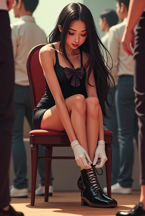 Excited filipino college student girl, with long hair in a black leotard, bow tie, and white gloves, sitting in a chair backstage, lacing up her shinny black  tap shoes, 
