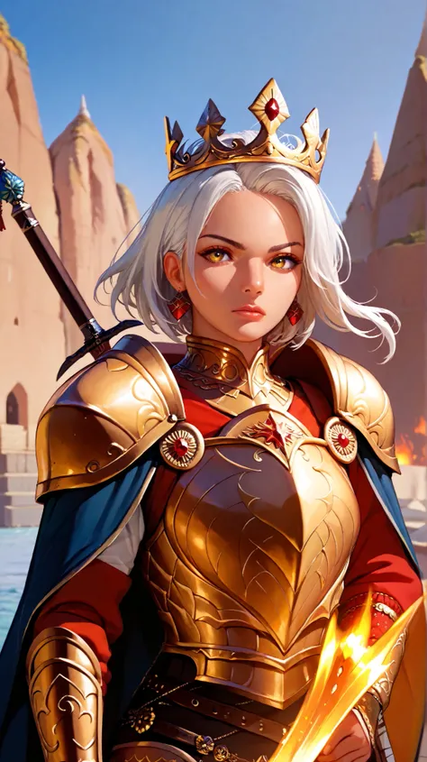  Create a woman of fire , very high,  of white hair,  yellow eyes,  very beautiful with a body sculpture ,  wearing golden armor , wearing a golden crown with red stones,  she is fighting with swords ,  against an enemy in black armor , and boat head 