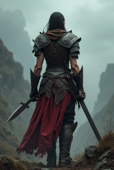 a lone warrior in Kratos' armor about to face a great challenge, carrying a sword,  with her back, using an old rag as neck protection, Bloodied, Cloudy weather dark medieval aspect