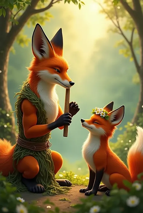 I want a humanoid fox playing the flute for his fox wife 