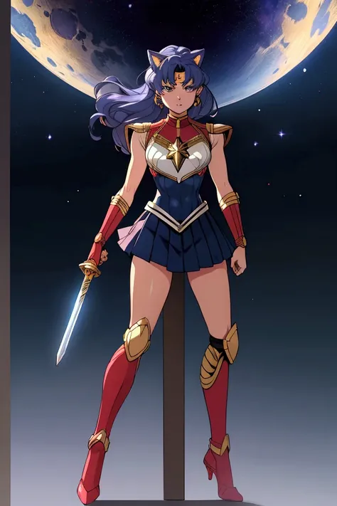 Usagi Tsukino/Sailor Moon dressed as Captain Marvel, cat ear,  body suit armor,  gauntlet,  full-body images,   blue armor, skirt,anime ,Sailor Moon skirt , use  armor  magic,   holding long  swords,  blues  hair  , short hair 