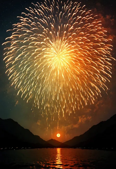 imagine an abstract scene, bathed in the tranquil glow of a full moon , , the fireworks play a progressive role in the symphony of the night . of the glittering body of water under the moonlight to cast an eerie silver sheen on everything , adds a lu...